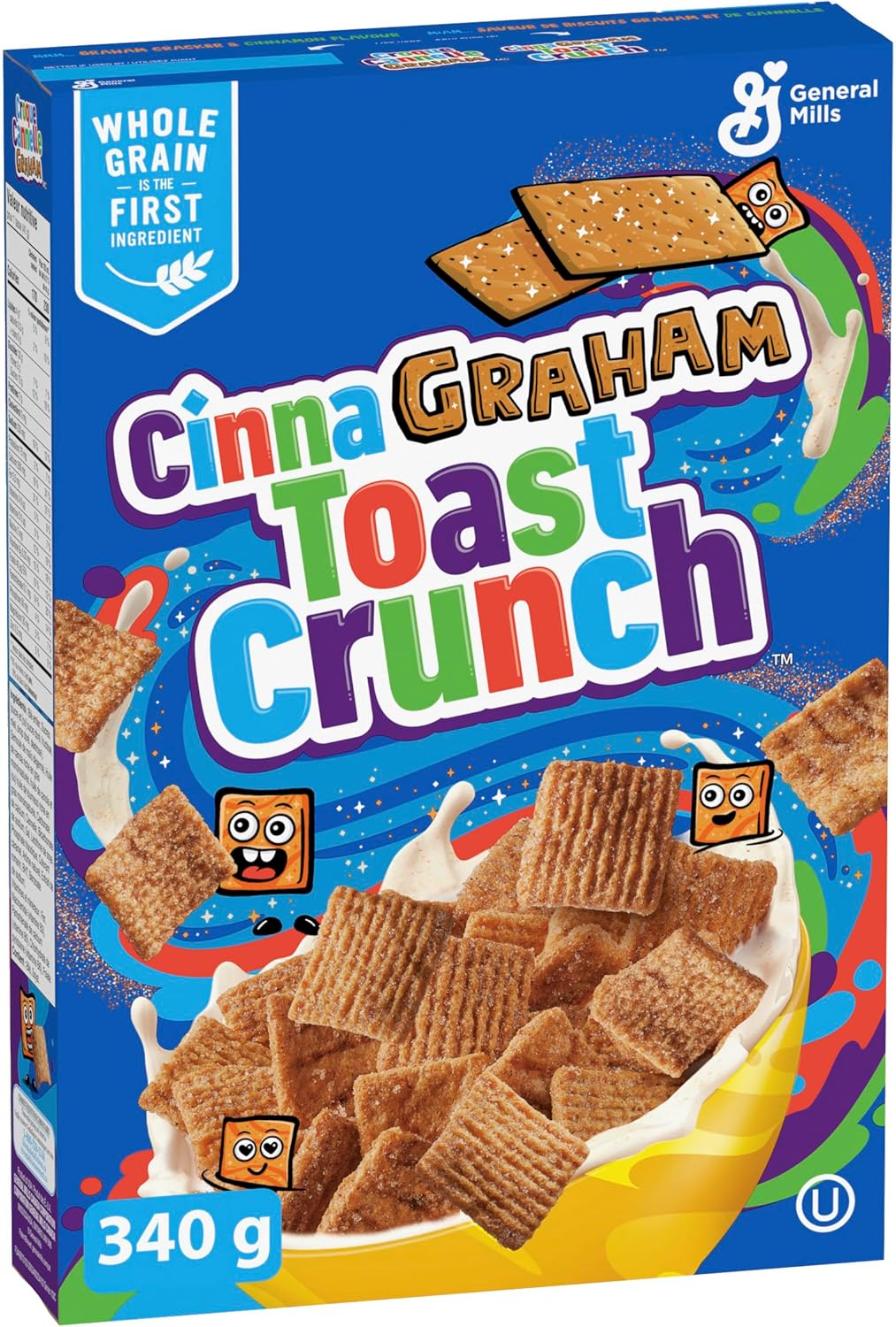 Box of Cinna Graham Toast Crunch cereal with colorful design and General Mills branding.