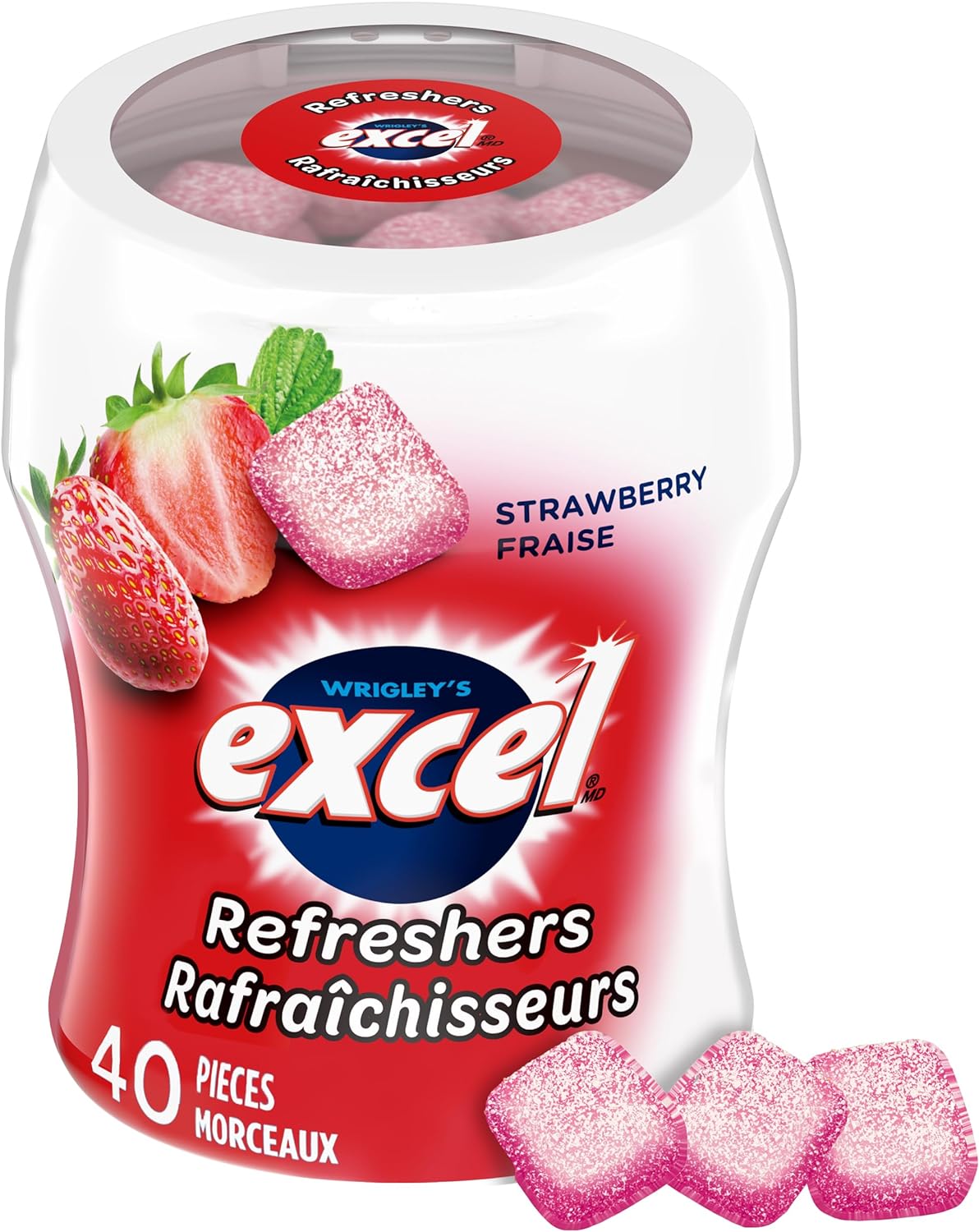 Exel Sugar-Free Gum, Refreshers Strawberry, 6 ct. Package, front of one bottle.