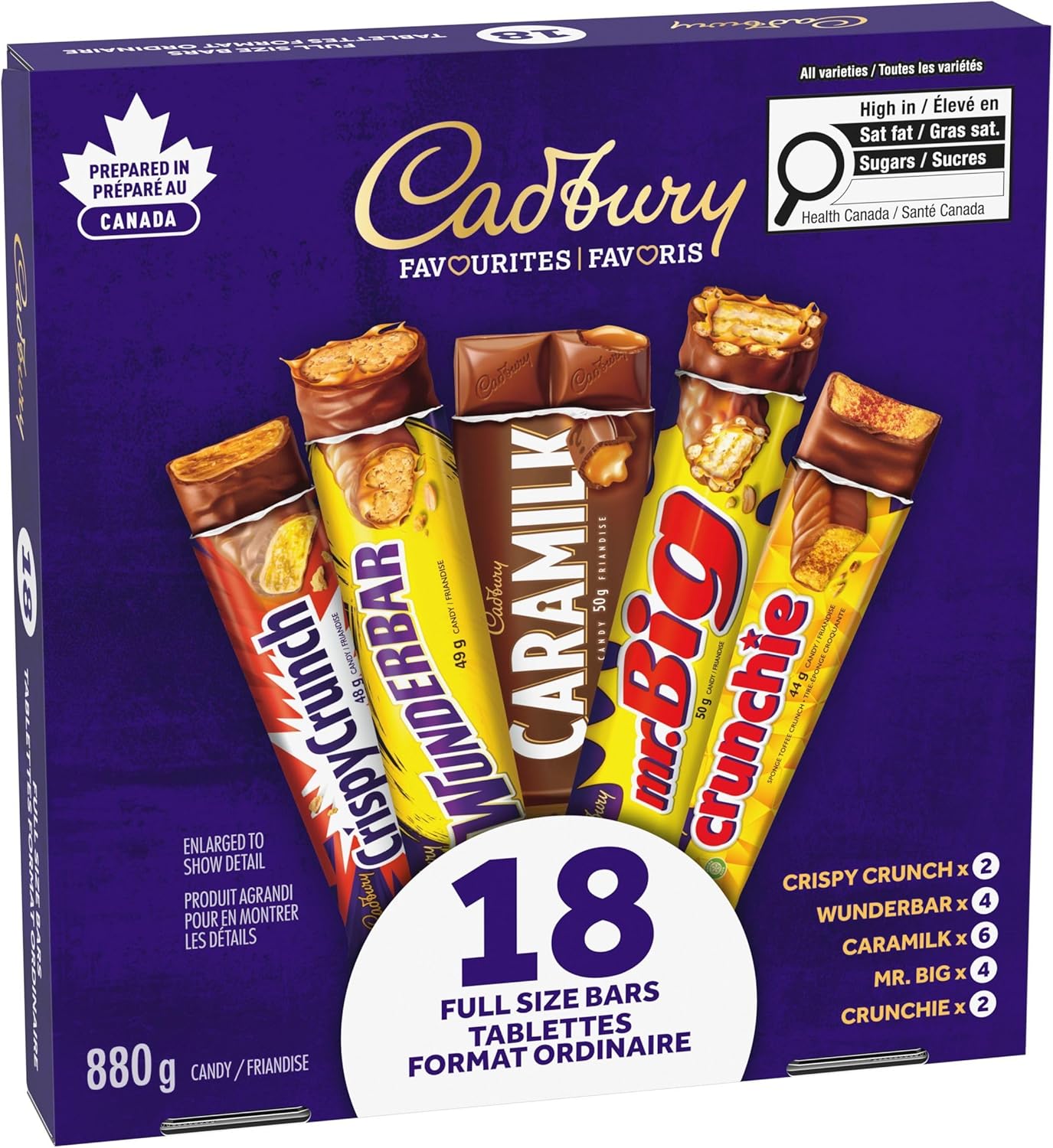 Cadbury 18 Full Size Chocolate Bars Variety Pack - 880g featuring various flavors on a purple background