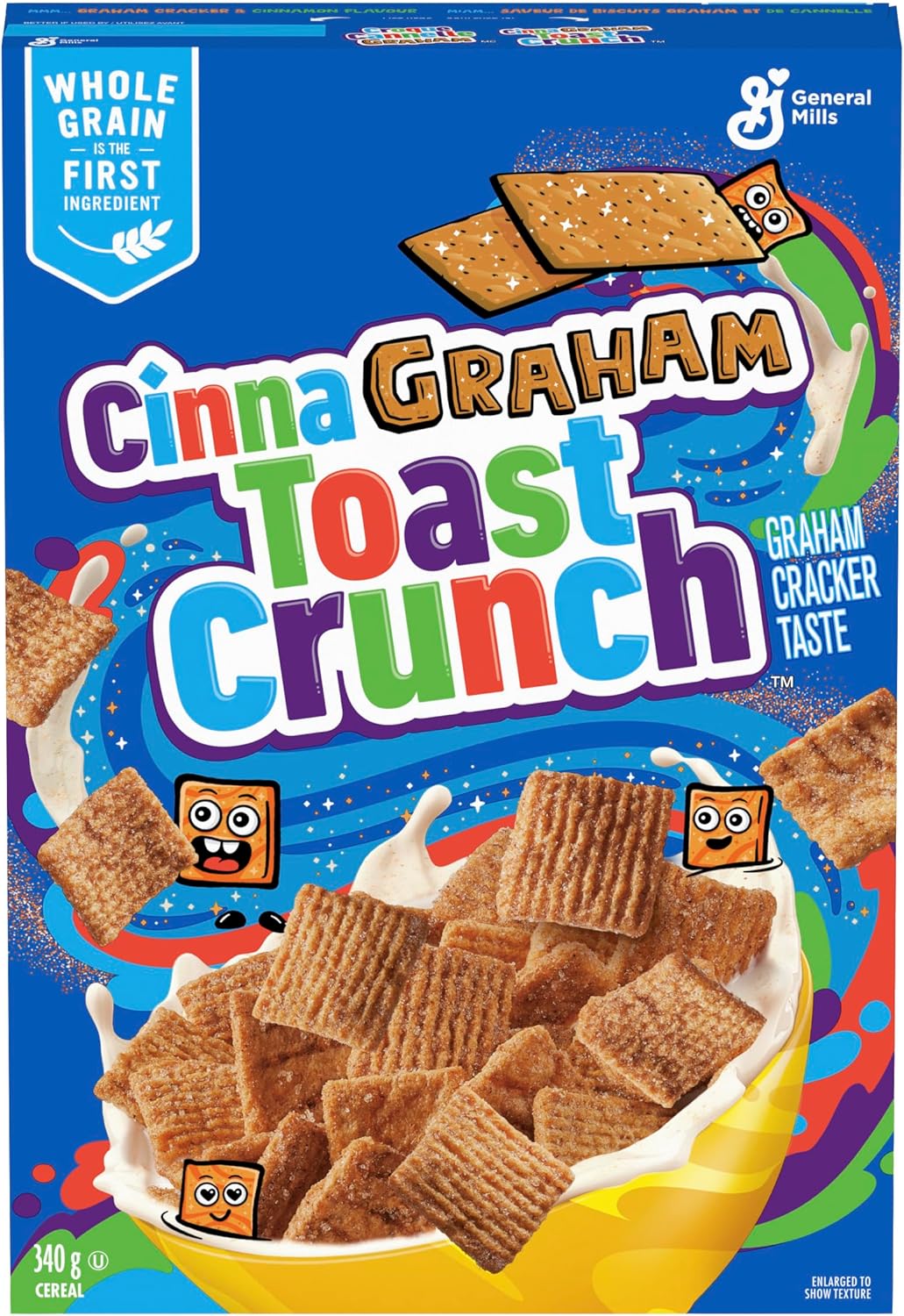 Box of CinnaGRAHAM Toast Crunch Cereal, 340g/11.9 oz with colorful design and General Mills branding.