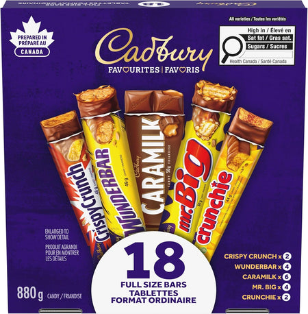 Cadbury 18 Full Size Chocolate Bars Variety Pack - 880g packaging with various flavors on a purple background
