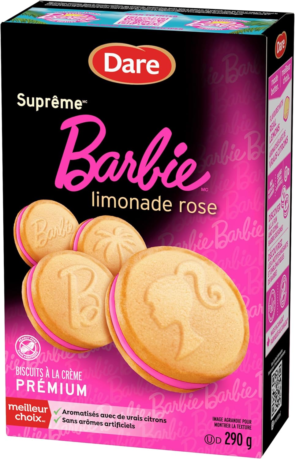 Box of Dare Barbie limonade rose cookies with pink and black design