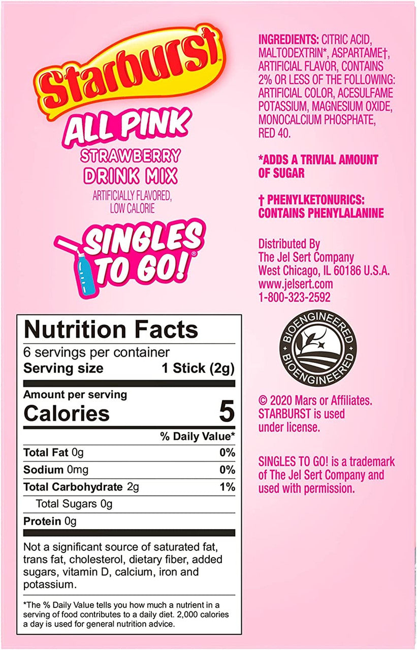 Starburst Zero Sugar All Pink Strawberry Drink Mix, 6 packets, 12.2g/0.4 oz. Box {Imported from Canada}