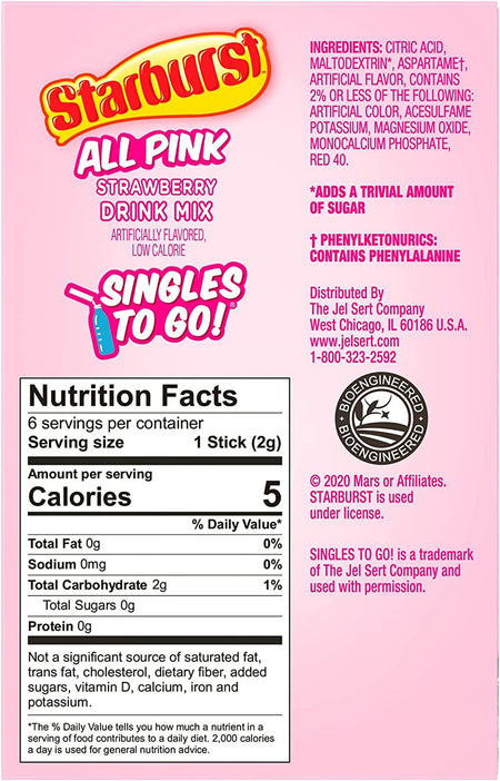 Starburst Zero Sugar All Pink Strawberry Drink Mix, 6 packets, 12.2g/0.4 oz. Box {Imported from Canada}