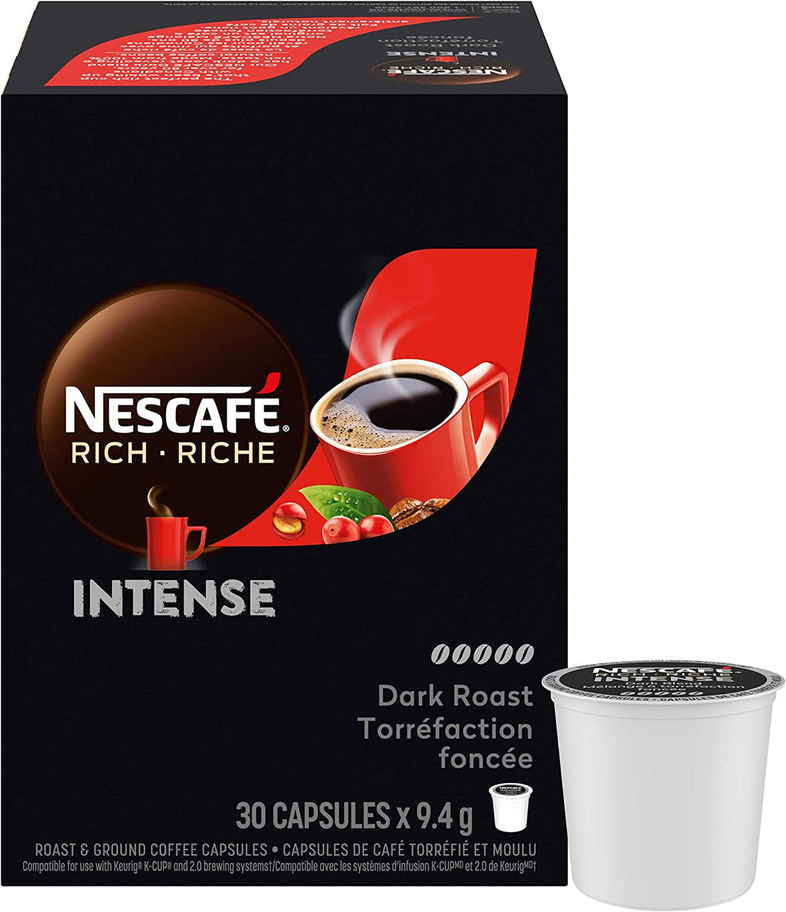Nescafé Rich Intense Dark Roast Coffee, K-Cups, 30 Count, 1 Box {Imported from Canada}