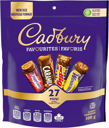 A purple bag of Cadbury Favorites 27 Mini Chocolate Bars, Snack-Size Variety Pack - 300g/10.5 oz on a white background