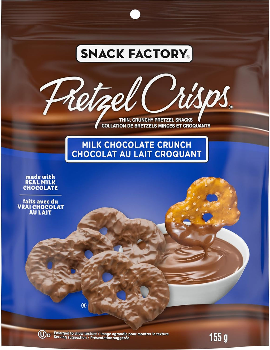 Snack Factory Milk Chocolate Crunch Pretzel Crisps, 155g/5.5 oz., Bag, front of bag