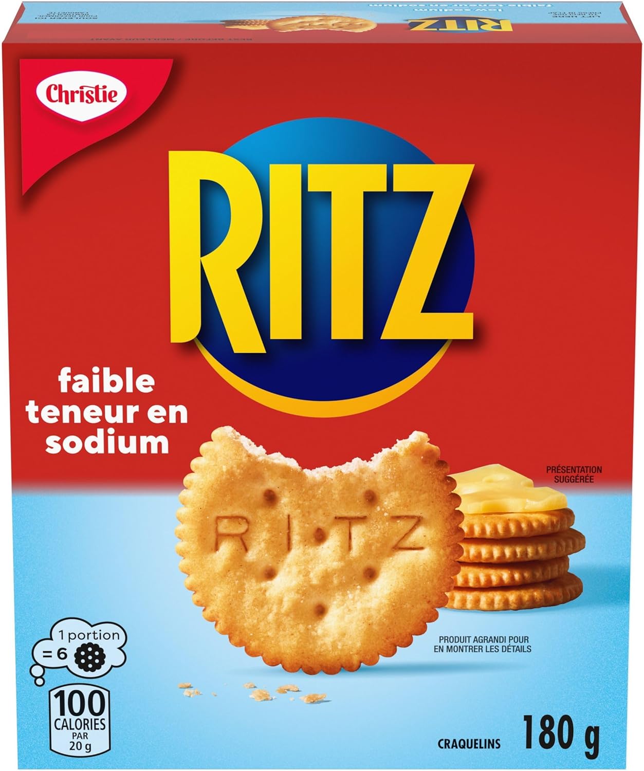 Box of Ritz Low Sodium Crackers, 180g/6.3 oz with red and blue design, featuring the Christie brand.