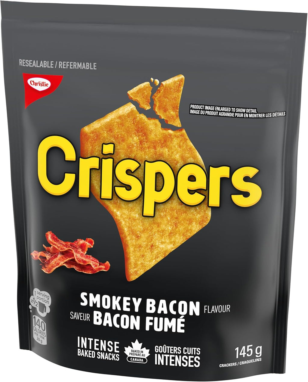 Christie Crispers Smokey Bacon Flavored Crackers 145g/5.1 oz., Bag, front of bag.