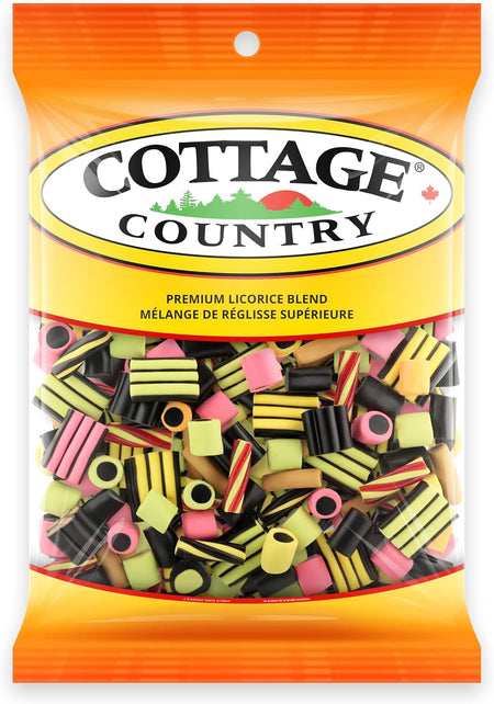 Bag of Cottage Country licorice blend with colorful licorice pieces on a white background