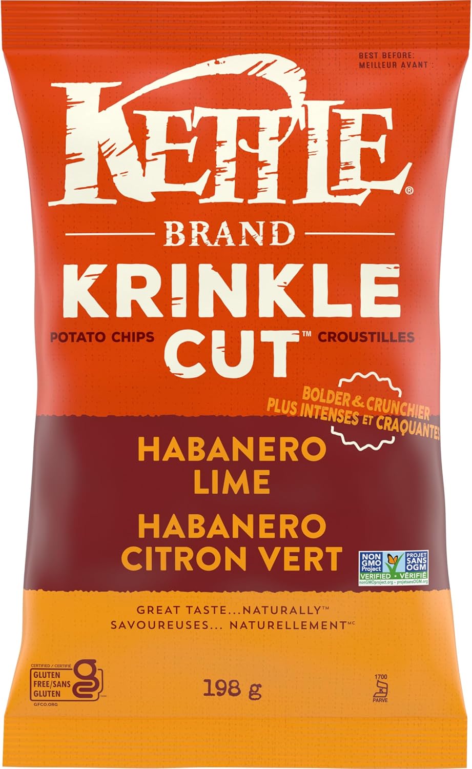 Kettle Brand Krinkle Cut Habanero Lime Flavored Potato Chips 198g/7 oz., Bag, front of bag.