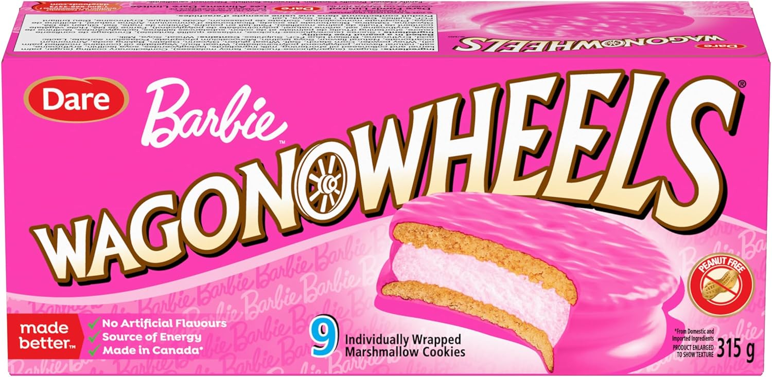Front of Wagon Wheels Barbie Pink Chocolate Covered Marshmallow Cookies - 9ct, 315g/11.1 oz with pink and white design.