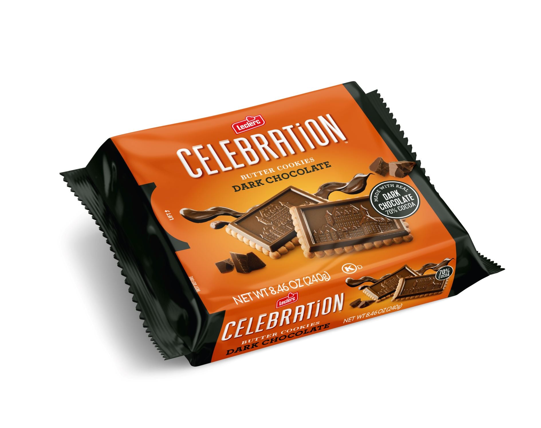 Front of Leclerc Celebration Dark Chocolate 70% Cocoa Butter Cookies, 240g/8.5 oz.