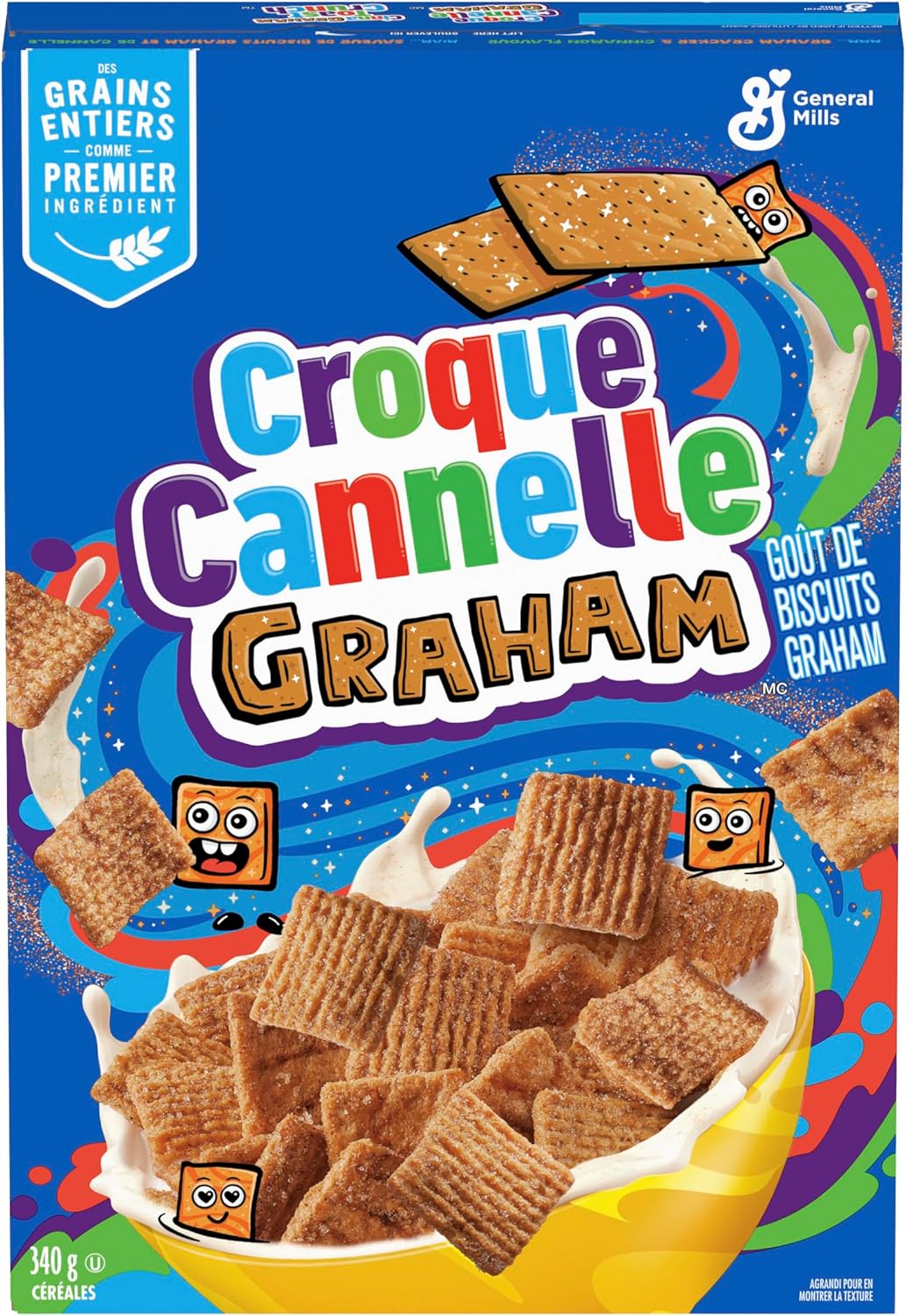 Box of CinnaGRAHAM Toast Crunch Cereal, 340g/11.9 oz with colorful design and General Mills branding.