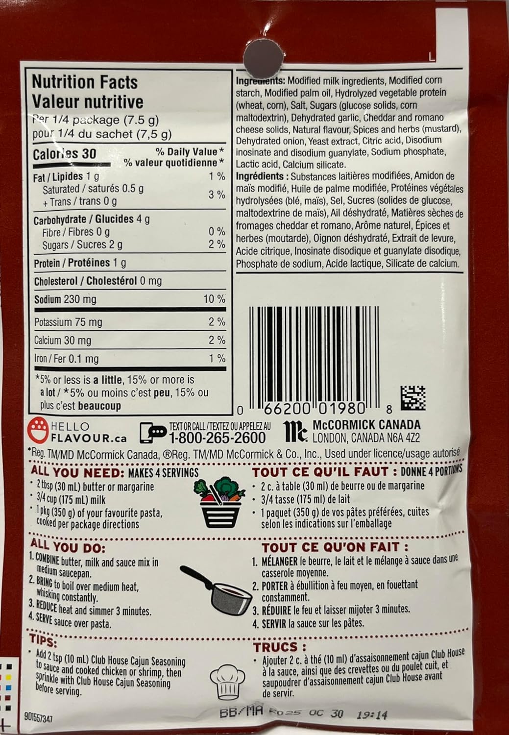 Club House Pasta  Alfredo, 30gram,  12ct, back of package.