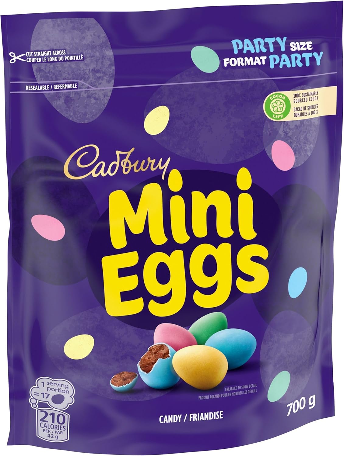 Cadbury Mini Eggs Party-Size 700g/24.6 oz with colorful eggs on a purple background