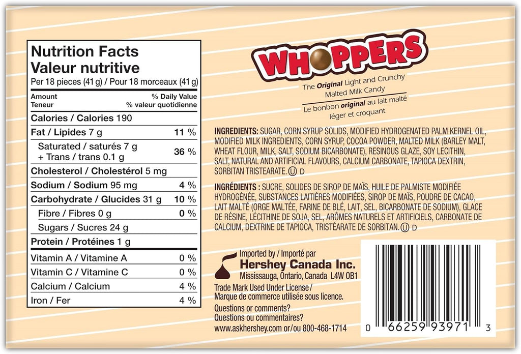 Hershey's Whoppers Original Light and Crunchy Malted Milk Candy, 113g/4 oz. Box {Imported from Canada}