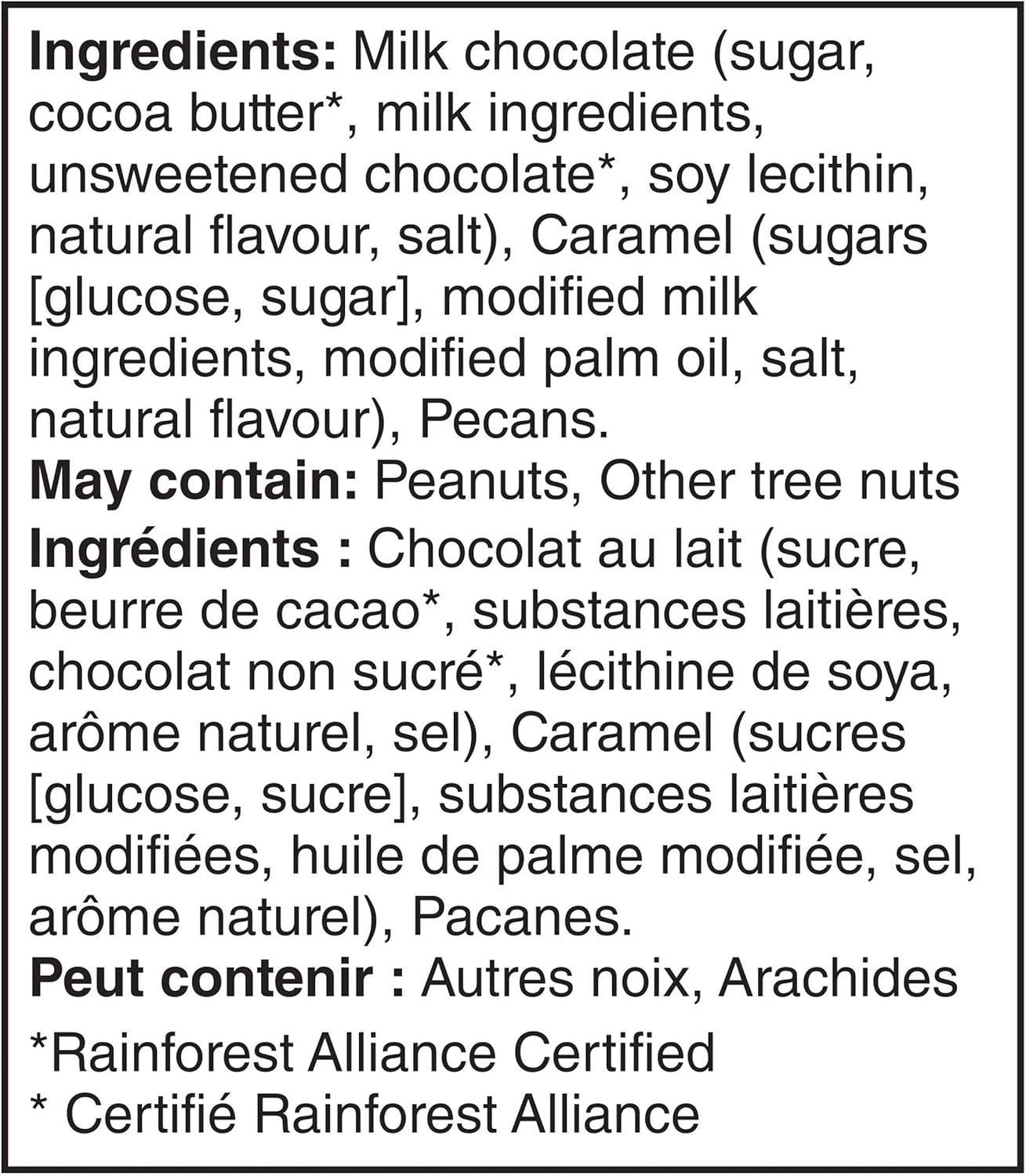 Nestle Turtles Valentine's Day Milk Chocolate Caramel & Pecans Clusters, 183g/6.5 oz. - Ingredients Label