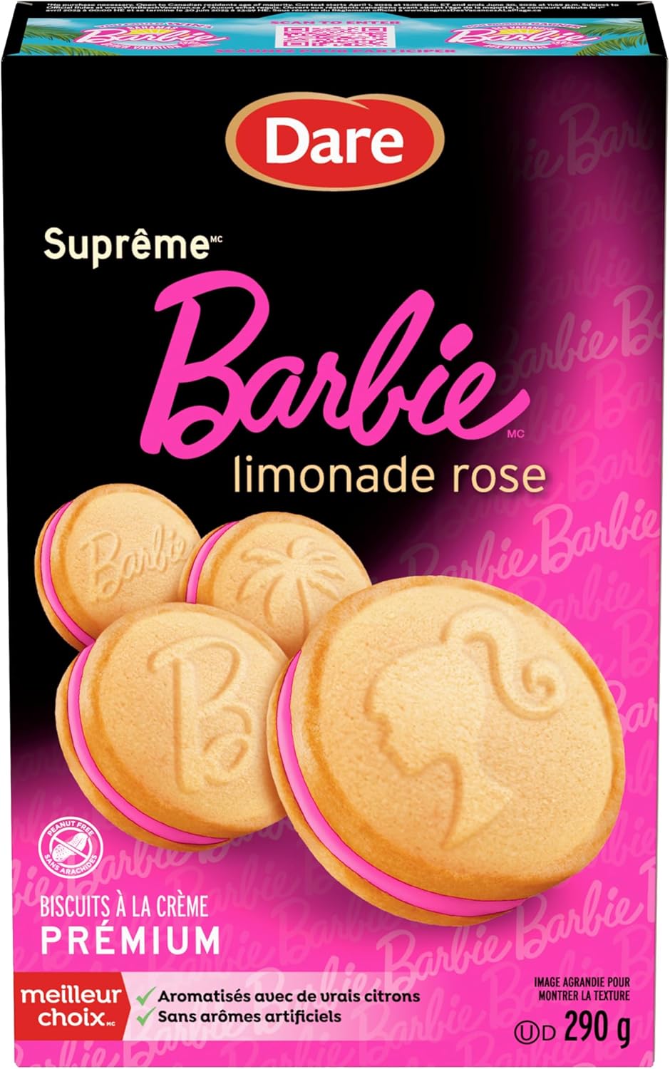 Box of Dare Barbie limonade rose cookies with pink and purple design