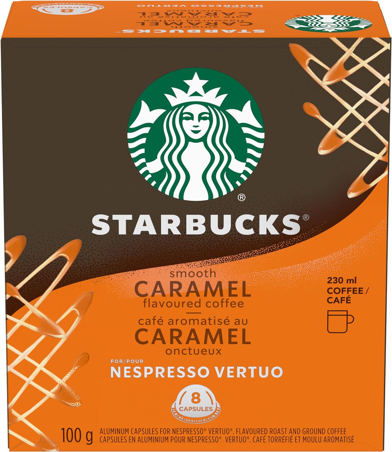 Starbucks Smooth Caramel Flavored Coffee, Capsules for Nespresso Vertuo, 8 count, 100g/3.5 oz