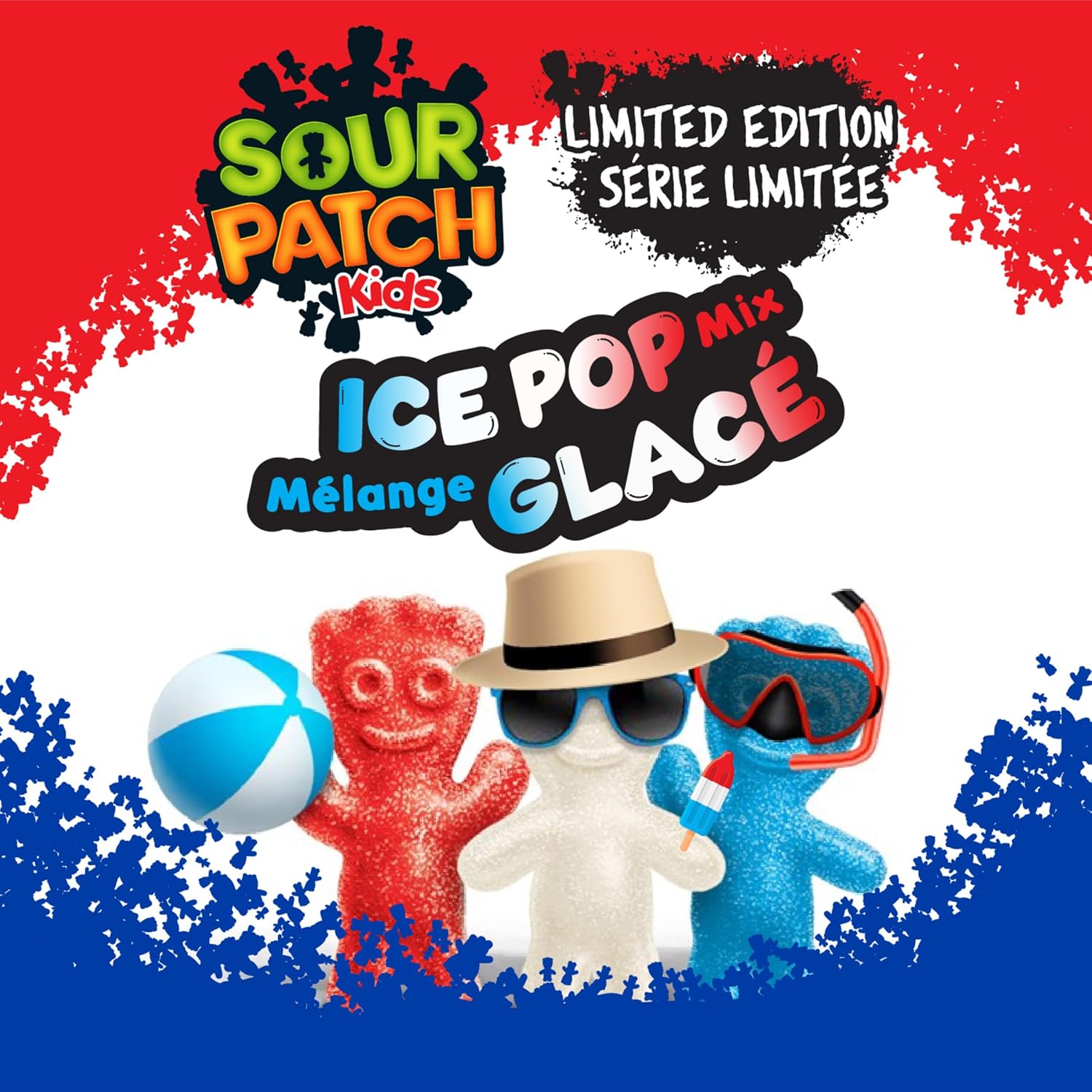 Sour Patch Kids Ice Pop Mix packaging with colorful characters and limited edition text on a red and blue background.