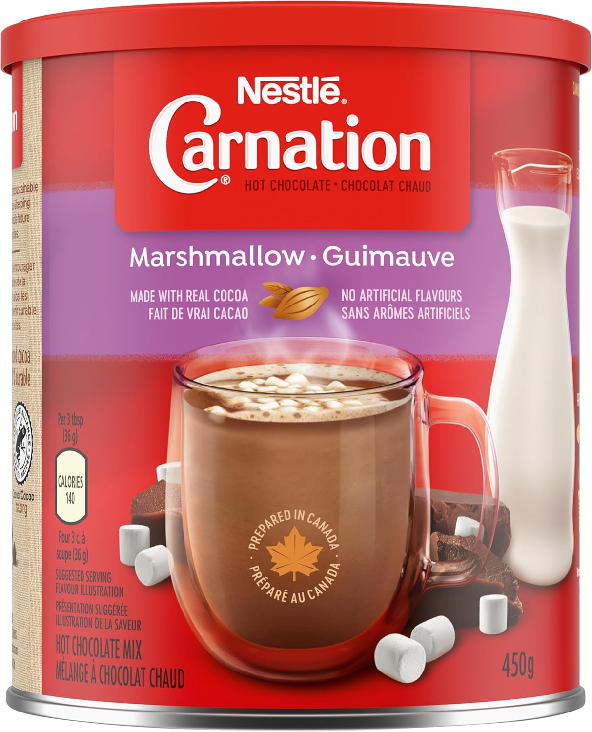 Nestle Carnation Marshmallow hot chocolate mix canister with a glass of hot chocolate and marshmallows.
