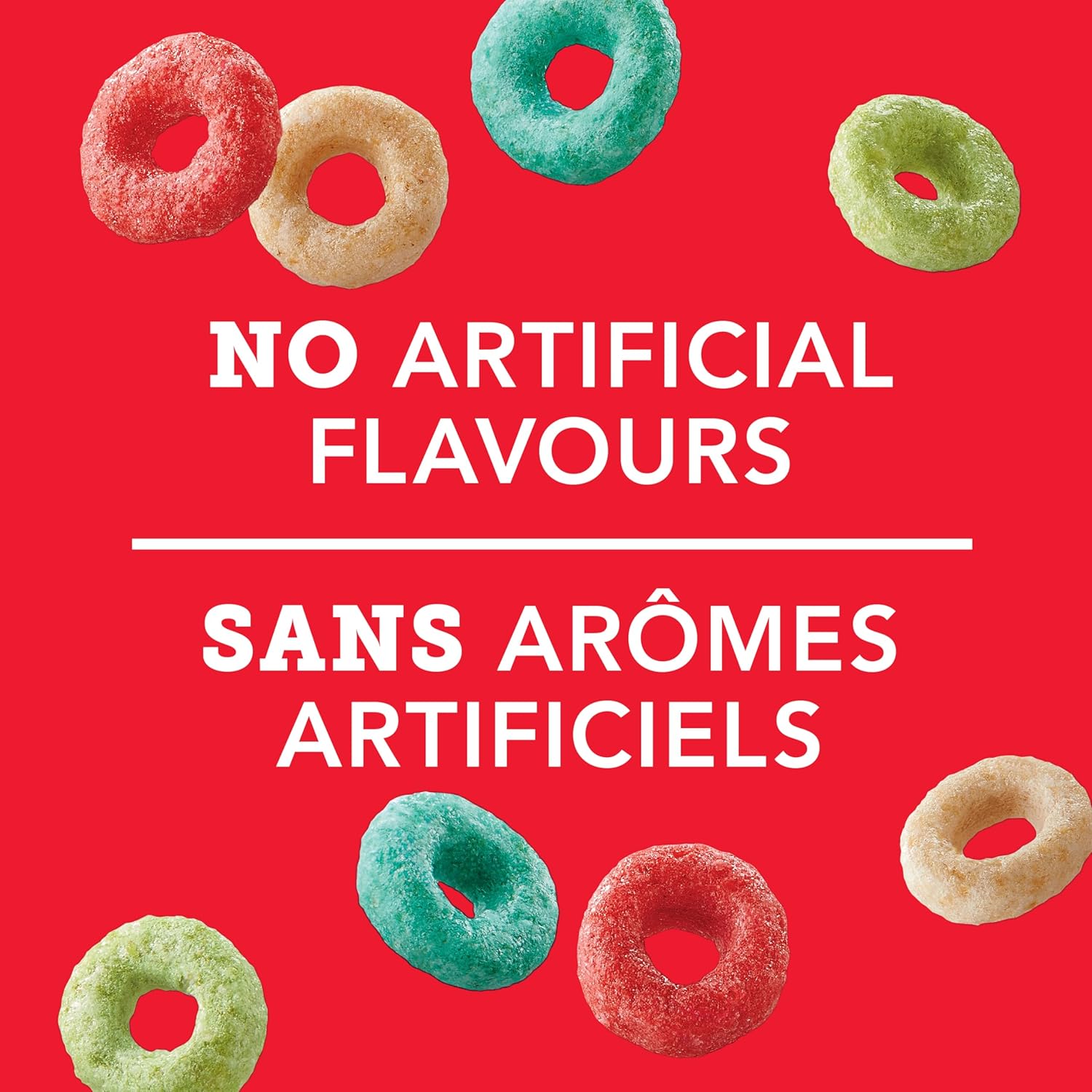 Colorful fruit loops cereal on a red background with text about artificial flavors.