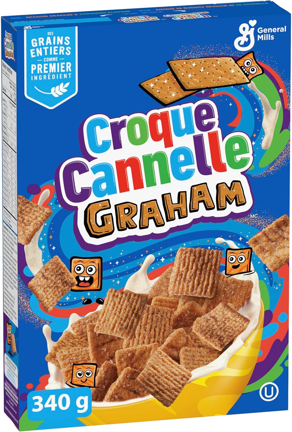 Box of CinnaGRAHAM Toast Crunch Cereal, 340g/11.9 oz with colorful design and General Mills branding.