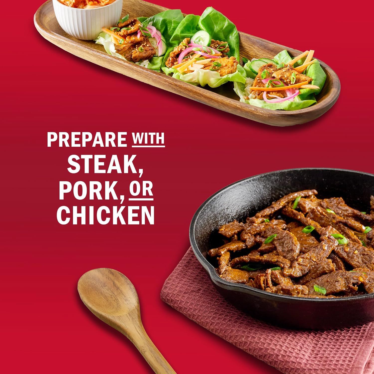 Dish of cooked meat with a wooden spoon on a red background, featuring text about protein options.