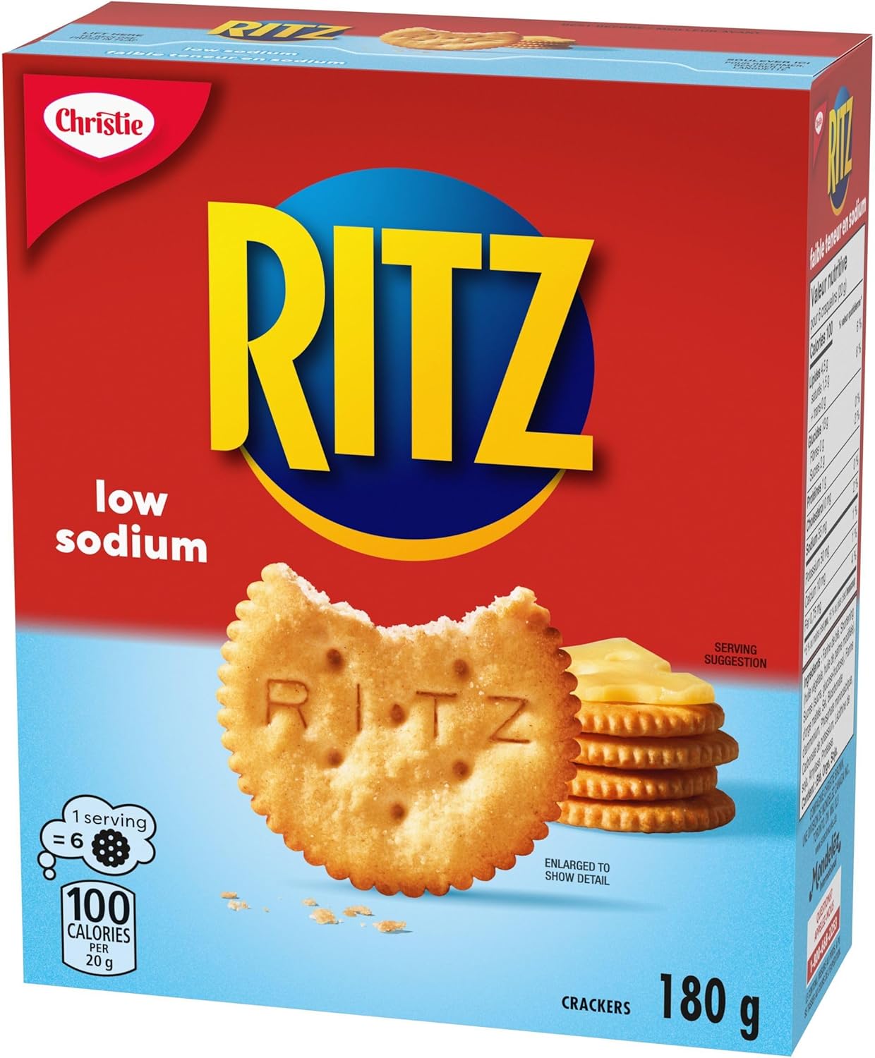 Box of Ritz Low Sodium Crackers, 180g/6.3 oz with red and blue design.