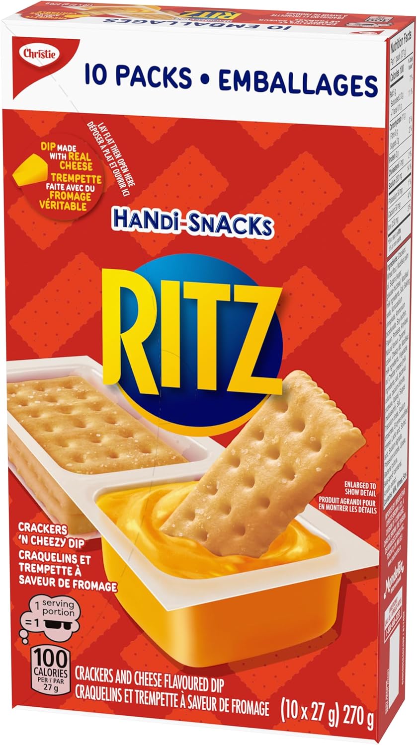 Ritz Handi-Snacks Crackers & Cheese Flavored Dip, (10x27g), 270g/9.5 oz, Front - Box of Ritz Handi-Snacks with crackers and cheese dip on a red background