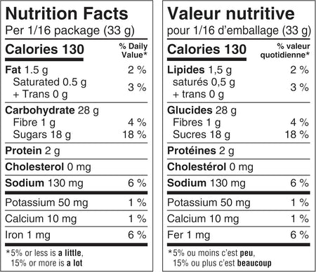 Nutrition facts label for Betty Crocker S'MORES Brownie Cookie Baking Mix in both English and French.
