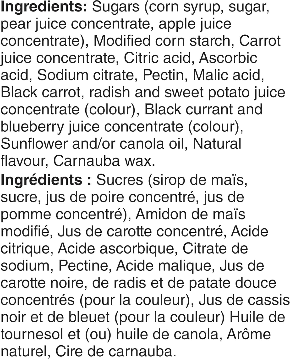 List of ingredients for Mott's Fruitsations + Veggie Berry Gummies, 40 Pouches - 907g on a white background
