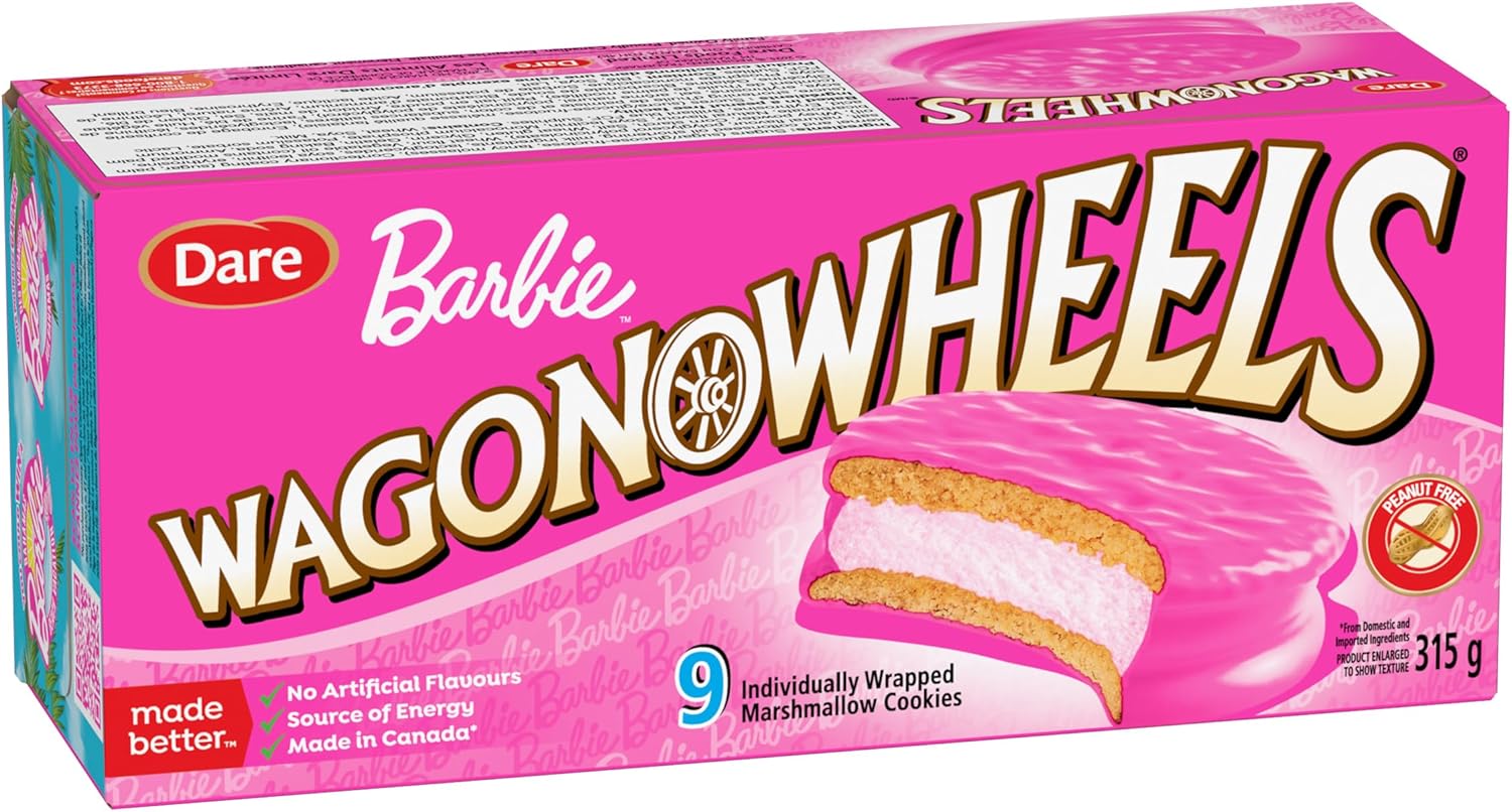 Box of Barbie Wagon Wheels marshmallow cookies with pink and gold design.
