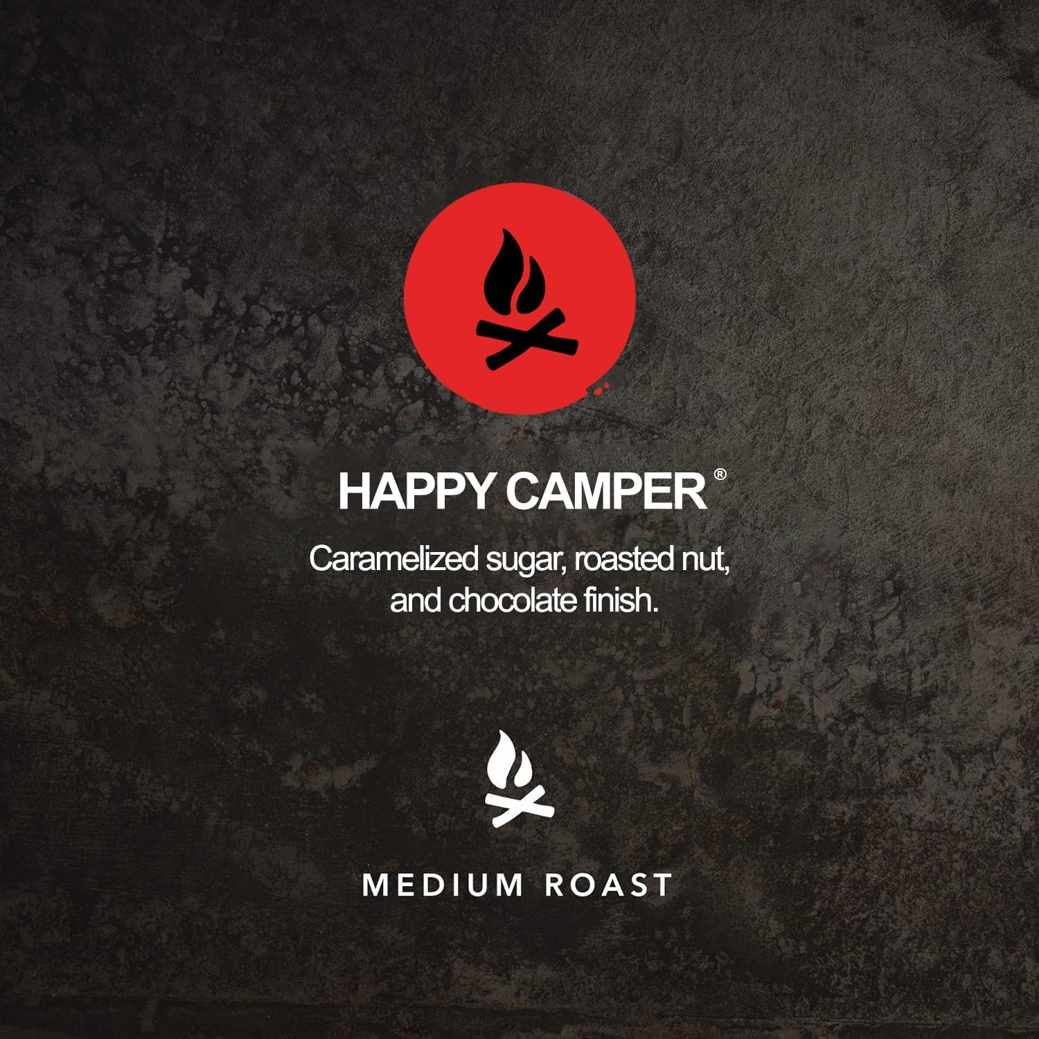 Happy Camper coffee brand logo and description on a dark background