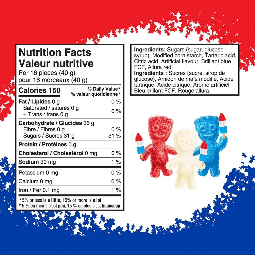 Nutrition facts and ingredients label with colorful characters on a red and blue background