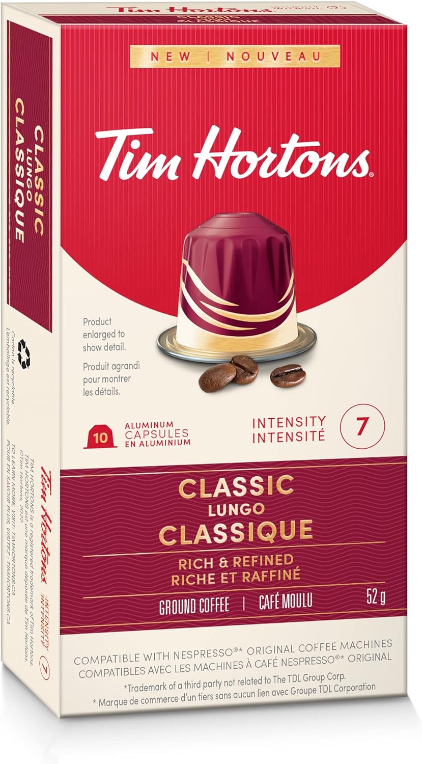 Tim Hortons Classic Lungo, Rich & Refined Coffee, Nespresso Aluminum Capsules, 10 Capsules, 52g/1.8 oz