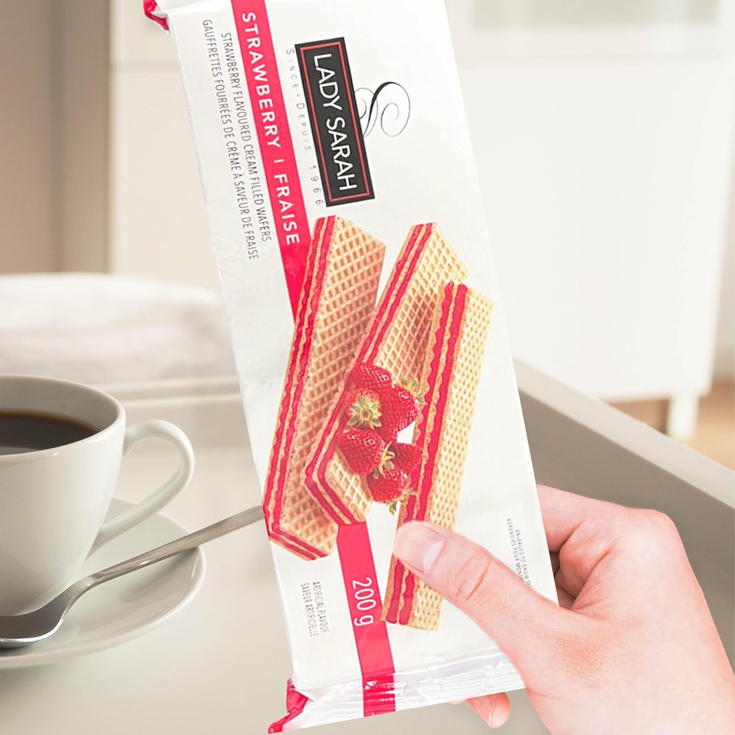 Lady Sarah Strawberry Flavored Cream Filled Wafers, 200g, front of package.