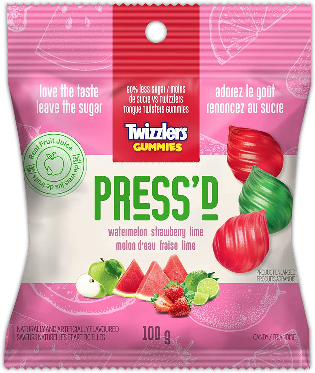 Twizzlers Press'd Fruit Gummies, Watermelon, Strawberry & Lime Flavors, 100g/3.5 oz., Bag {Imported from Canada}