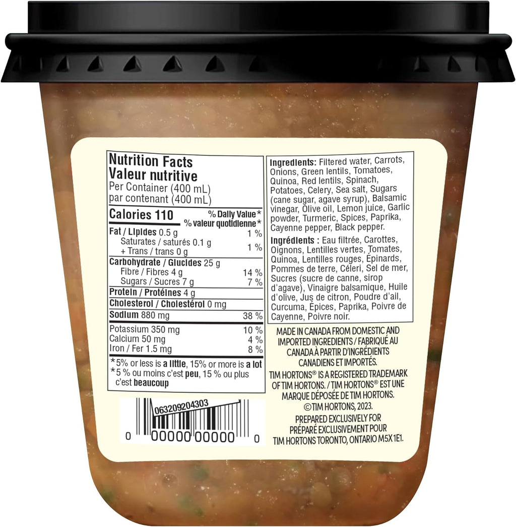 Tim Hortons Hearty Lentil Quinoa Soup, 400ml/14 fl oz. Can