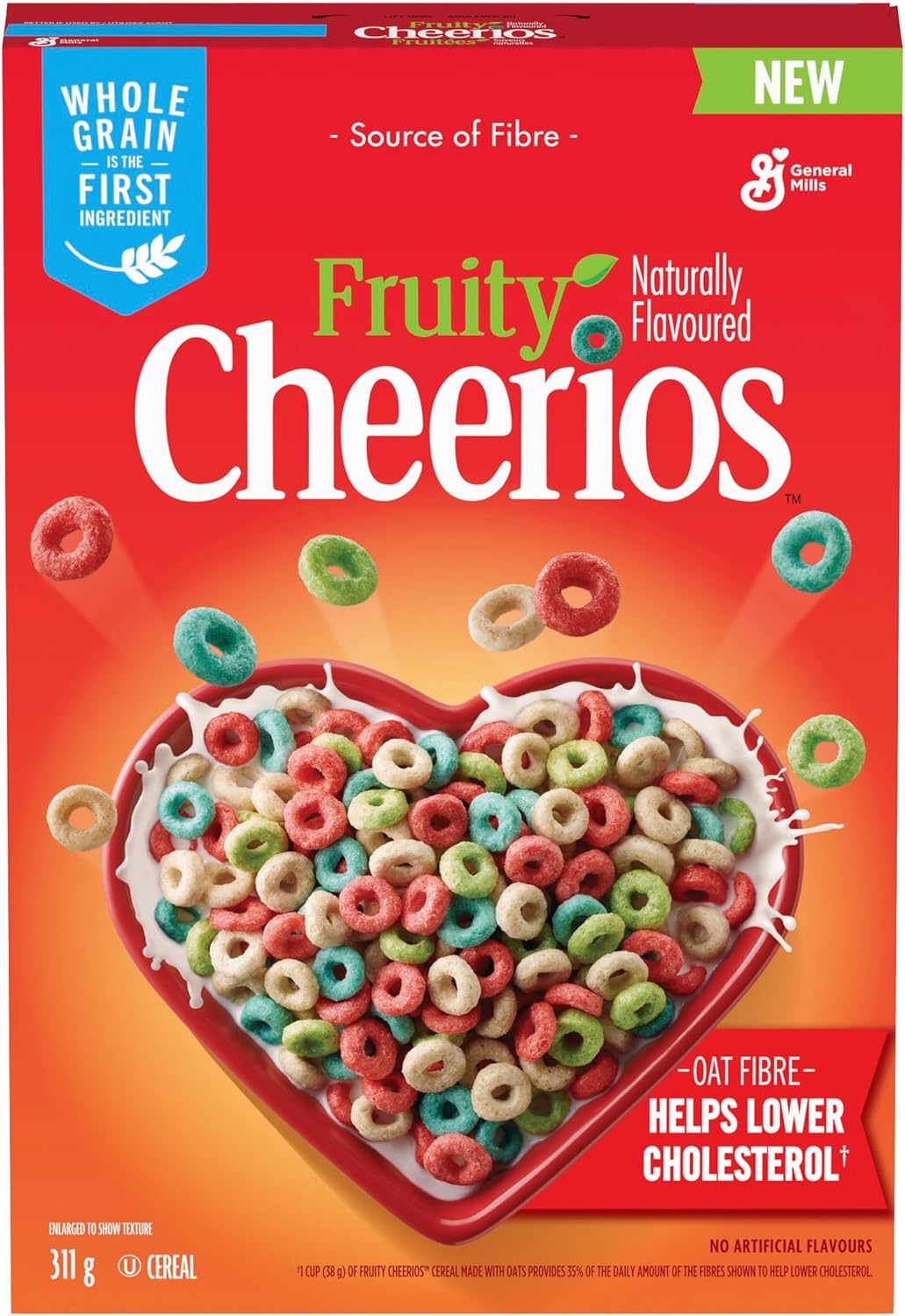 Cheerios Fruity Cereal, 311g/10.9 oz with heart-shaped bowl of cereal on a red background