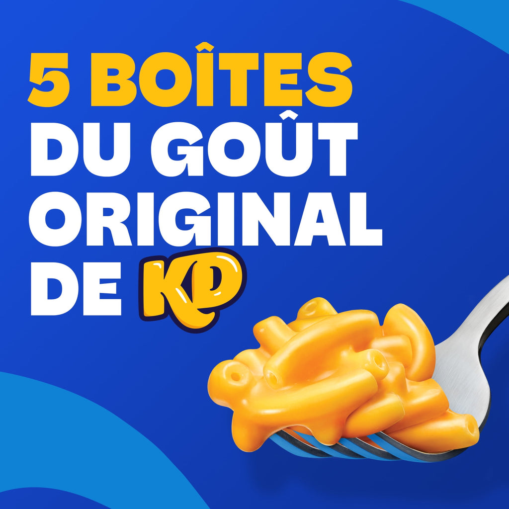Promotional graphic for KD macaroni and cheese with text on a blue background