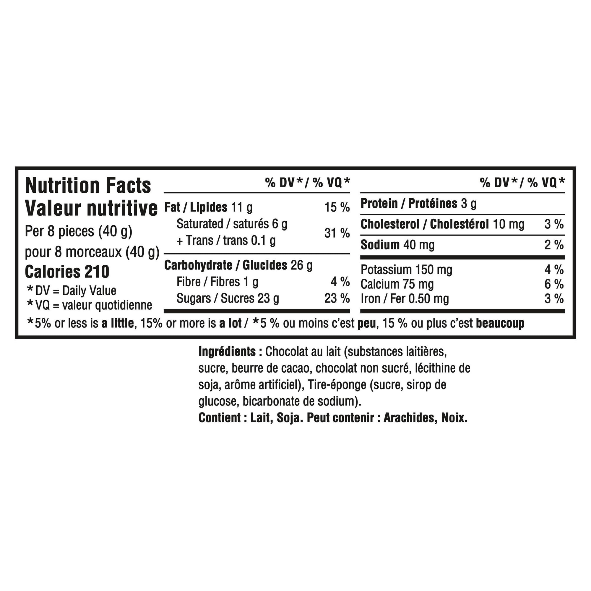 Nutrition facts label for Cadbury Dairy Milk Crunchie Milk Chocolate Bar on a white background