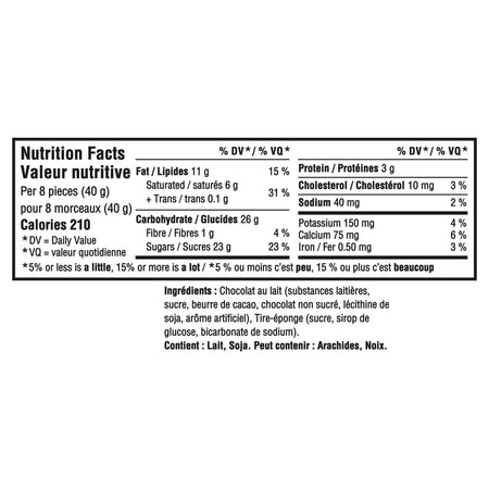 Nutrition facts label for Cadbury Dairy Milk Crunchie Milk Chocolate Bar on a white background