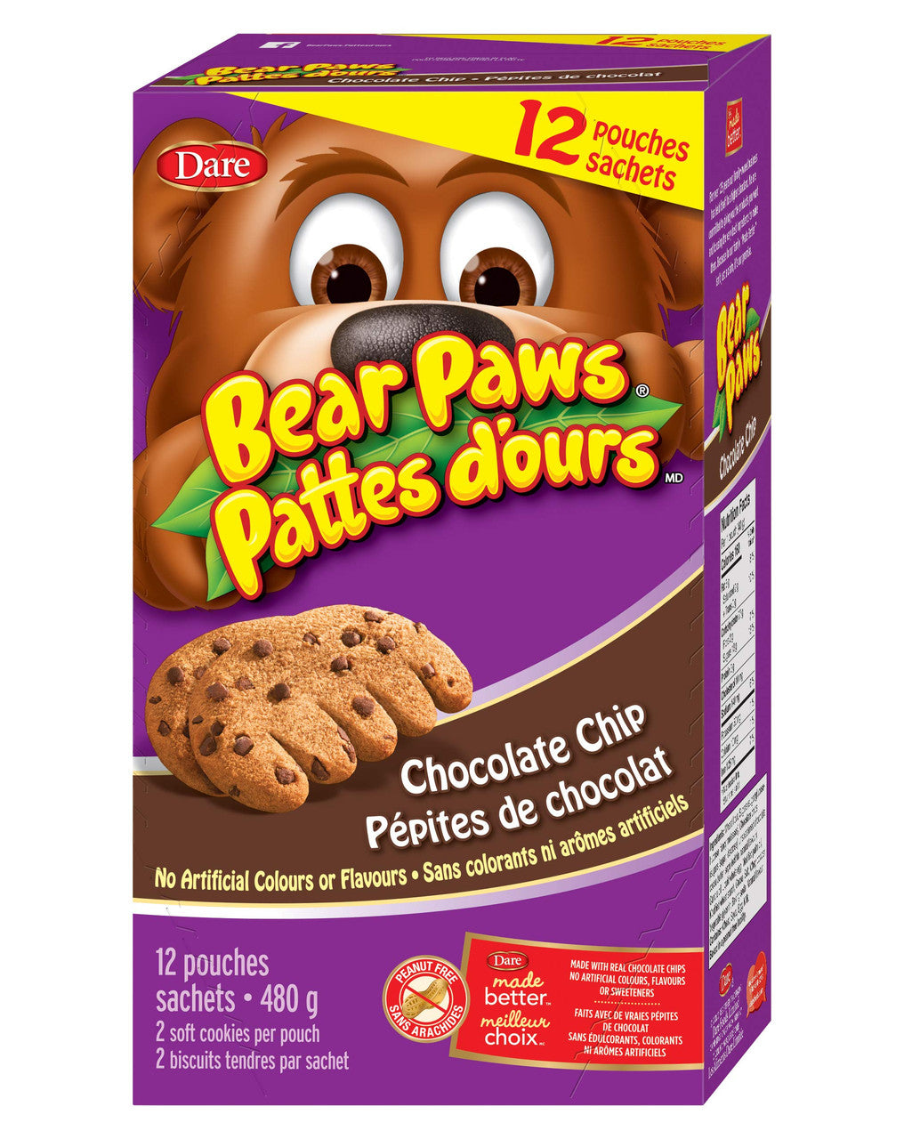 Dare Bear Paws, Chocolate Chip Soft Cookies, 480g/16.9 oz., x 12 Pouches, Family Pack, Peanut Free {Imported from Canada}