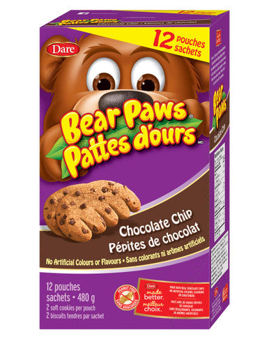 Dare Bear Paws, Chocolate Chip Soft Cookies, 480g/16.9 oz., x 12 Pouches, Family Pack, Peanut Free {Imported from Canada}