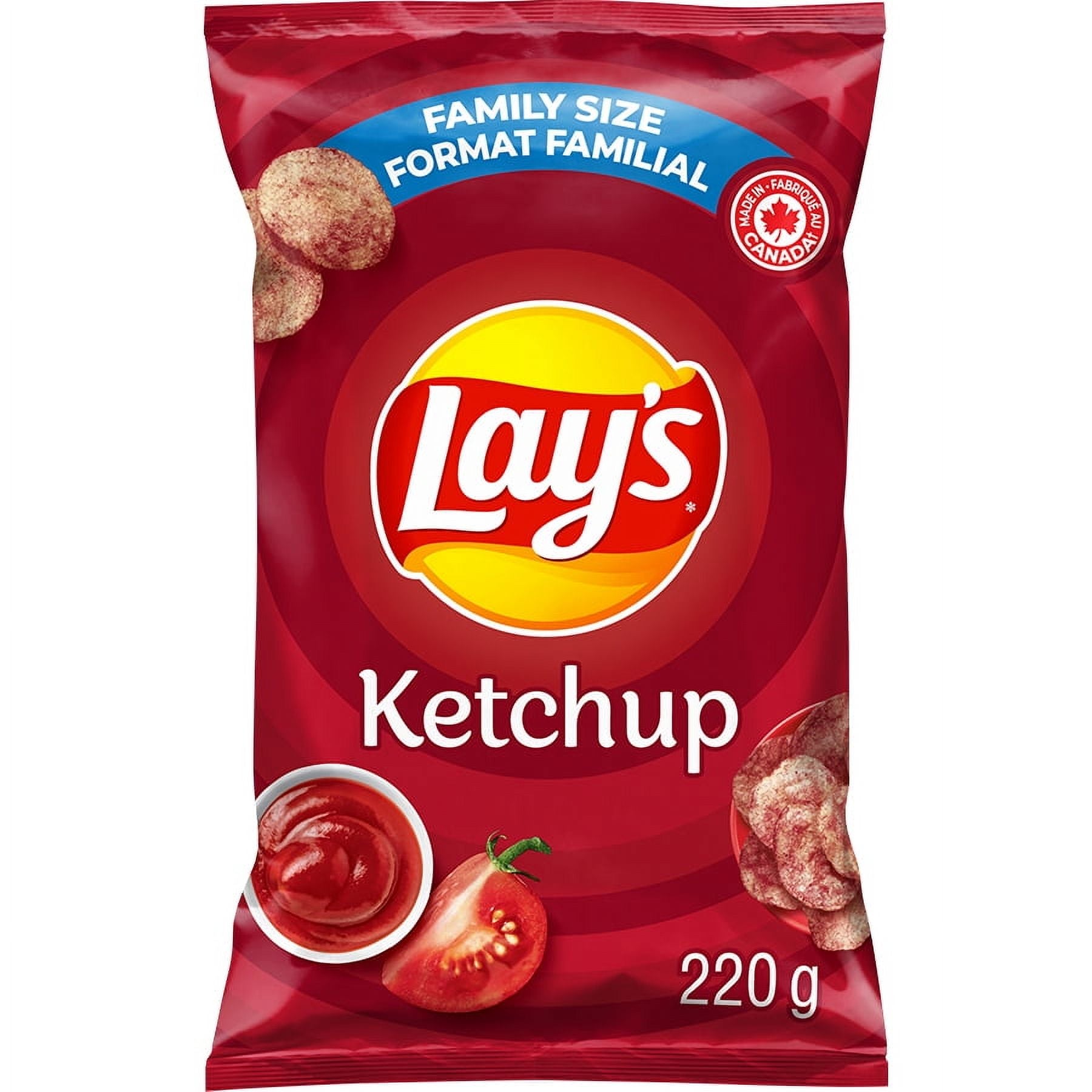 Lay's Ketchup Flavored Potato Chips, 220g/7.7 oz on a white background