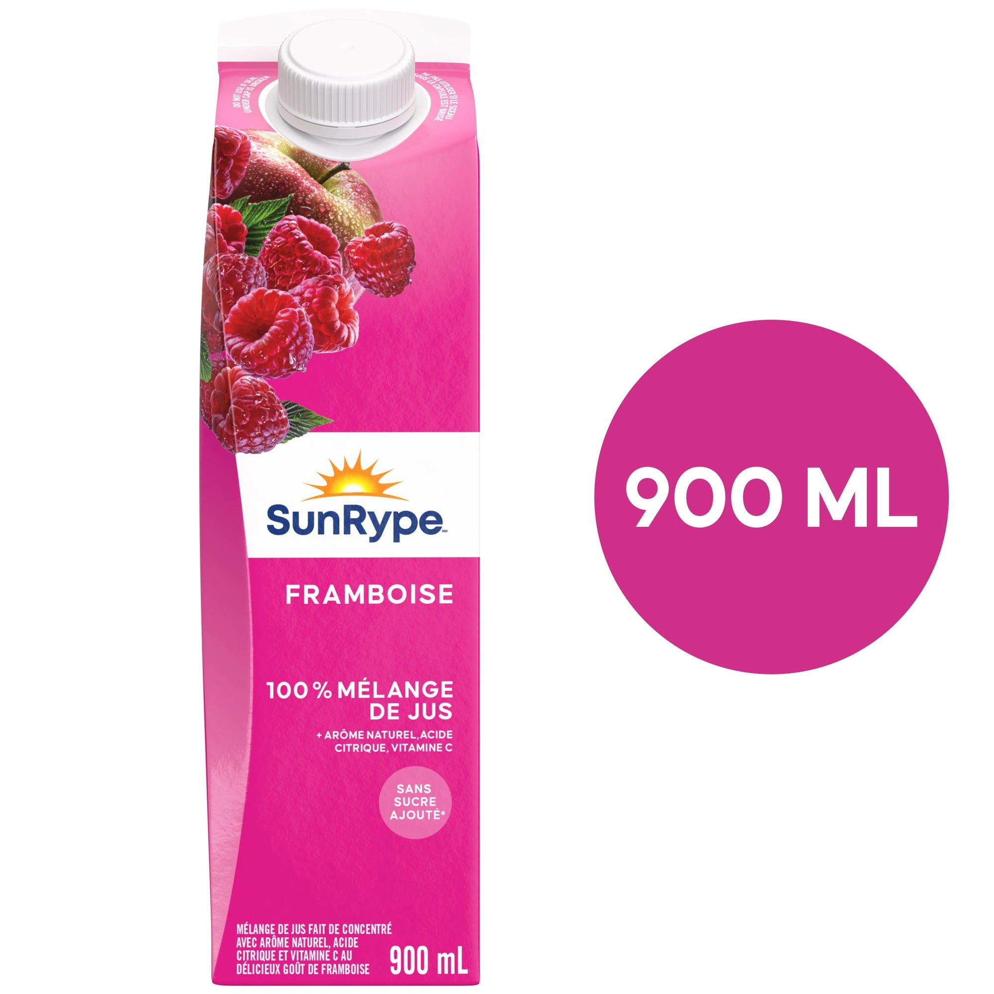 SunRype Fruit Juice, Raspberry, 900ml/30.4 fl. oz. Carton, back of carton