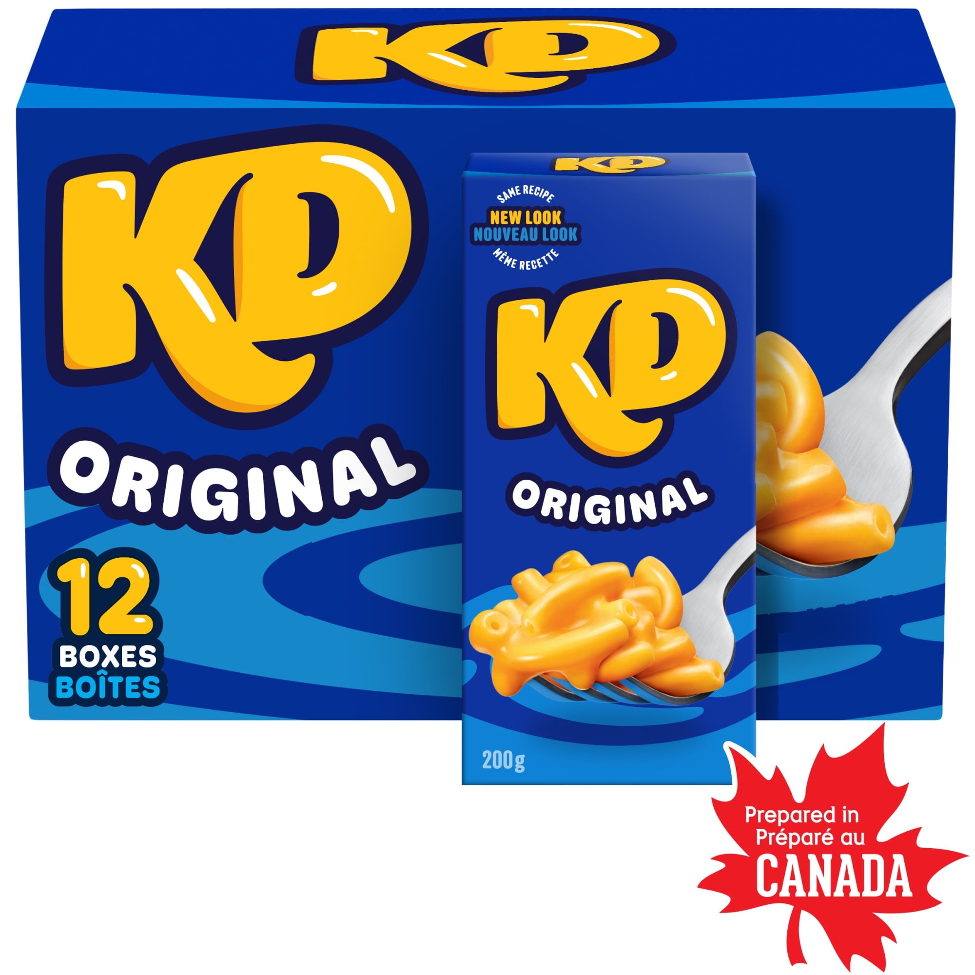 Blue boxes of KP Original with yellow text and a forkful of macaroni and cheese on a white background.