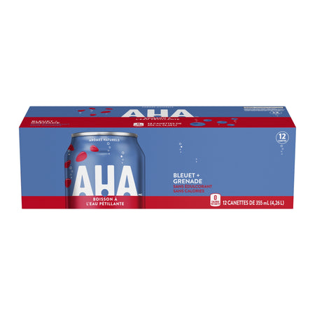 Box of AHA sparkling water blueberry & pomegranate flavored with blue can on a white background